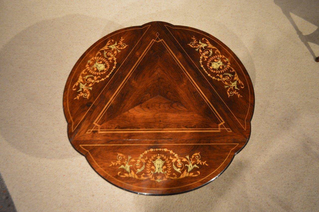 European Beautiful Rosewood and Marquetry Late Victorian Period Triangular Table