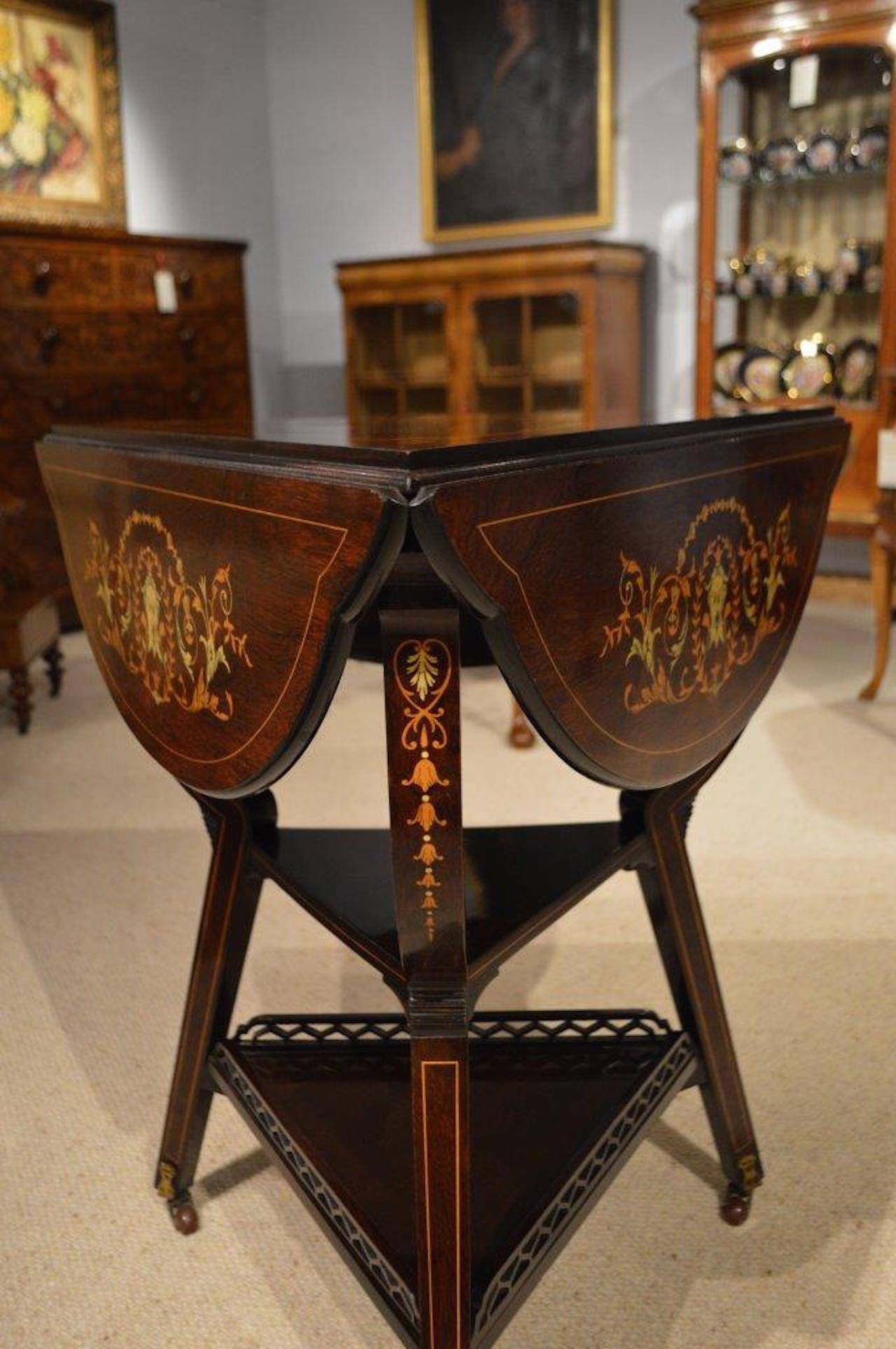 Beautiful Rosewood and Marquetry Late Victorian Period Triangular Table 2