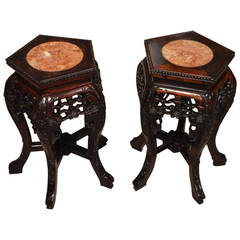 Small Pair of Hardwood Chinese Marble Inset Stands Antique Small Pair of Hardwood Chinese Marble Inset Stands