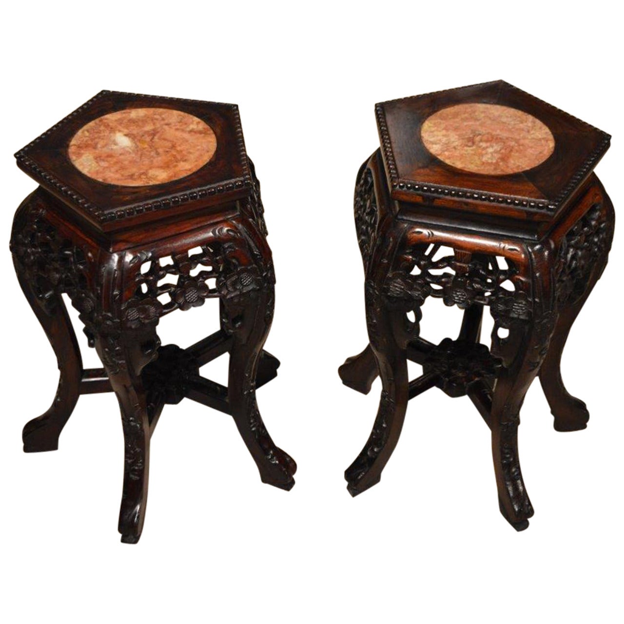 Small Pair of Hardwood Chinese Marble Inset Stands