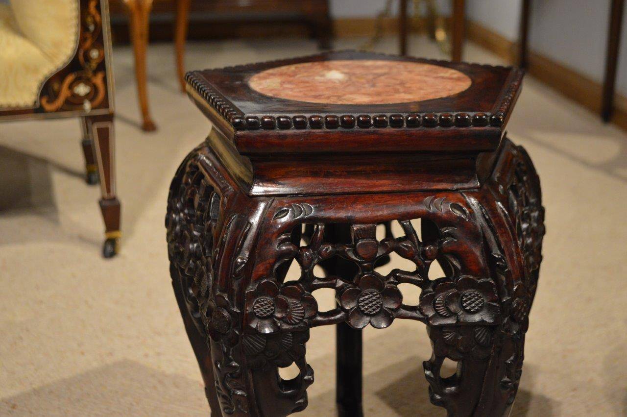 Asian Small Pair of Hardwood Chinese Marble Inset Stands