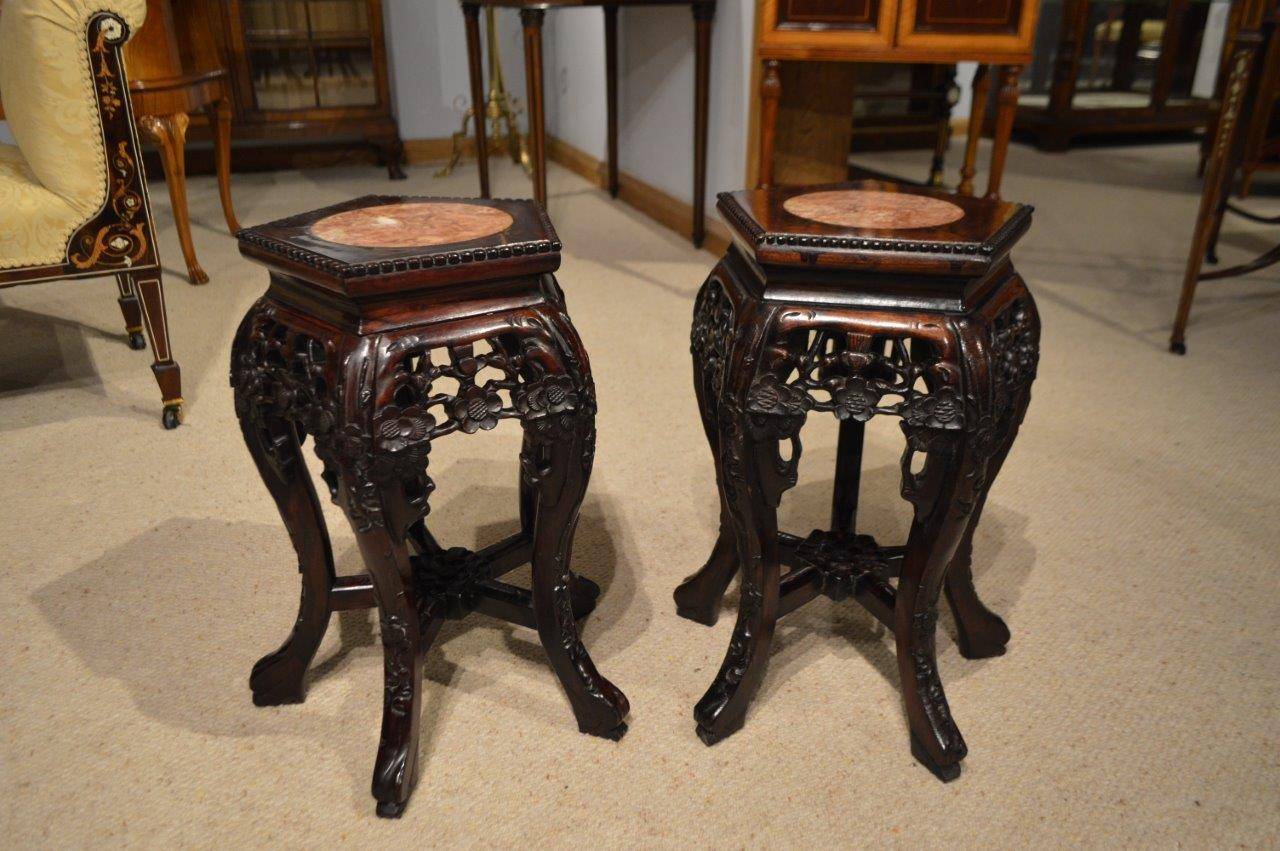 Small Pair of Hardwood Chinese Marble Inset Stands In Excellent Condition In Darwen, GB