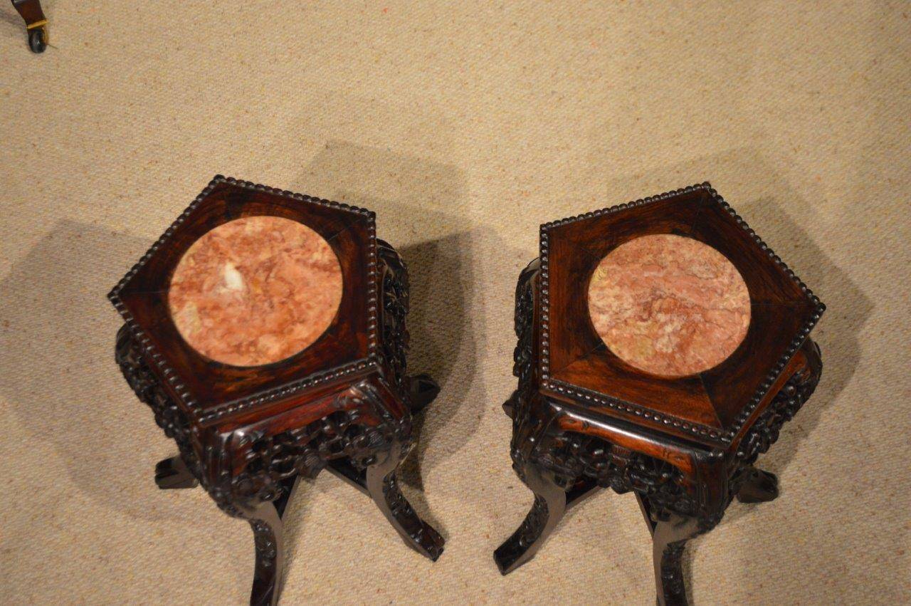 Late 19th Century Small Pair of Hardwood Chinese Marble Inset Stands