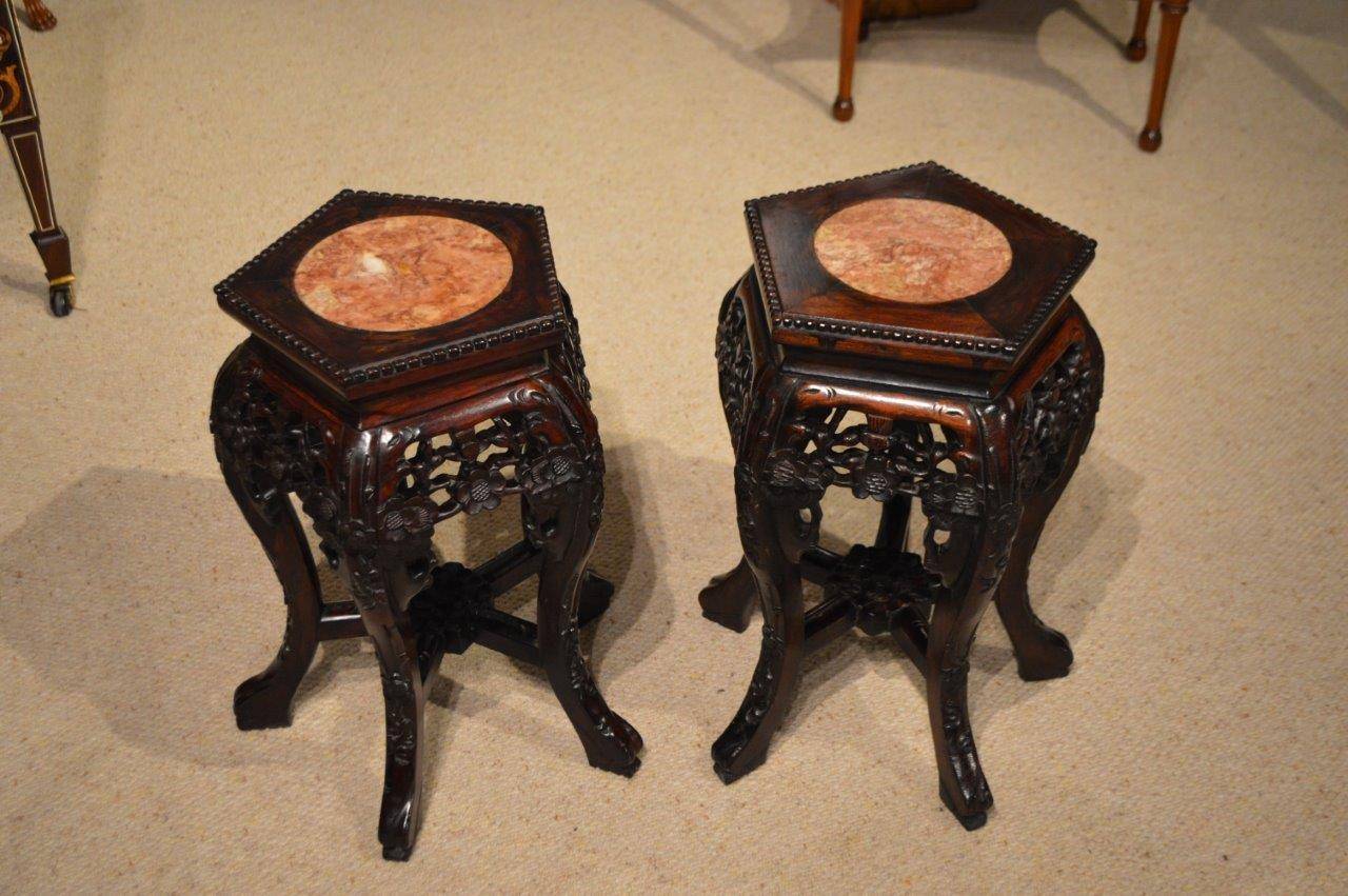 Small Pair of Hardwood Chinese Marble Inset Stands 2