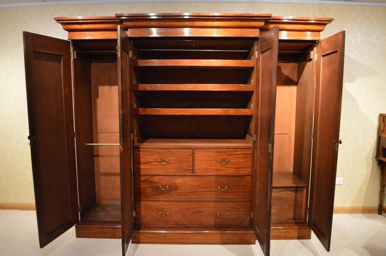 English Early Victorian Period, Mahogany, Four Door Breakfront Wardrobe For Sale