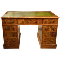 A Beautiful Burr Walnut Victorian Period Antique Pedestal Desk