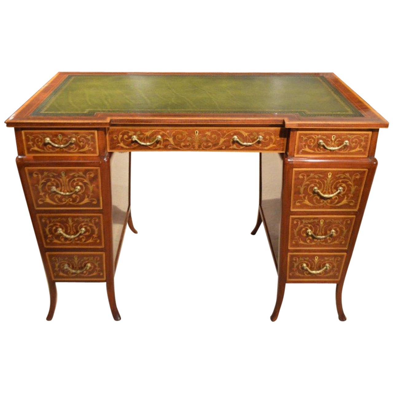 Late Victorian Mahogany Marquetry Inlaid Antique Writing Desk For Sale