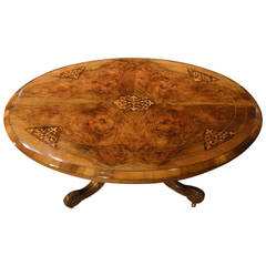 Burr Walnut and Marquetry Inlaid Victorian Period Antique Coffee Table