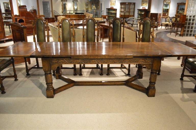 An Oak Jacobean Style Refectory Table And Set Of 12 Oak Dining Chairs. In Good Condition In Darwen, GB