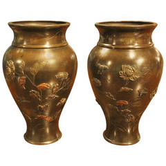Pair of Meiji Period Japanese Bronze On-Laid Vases