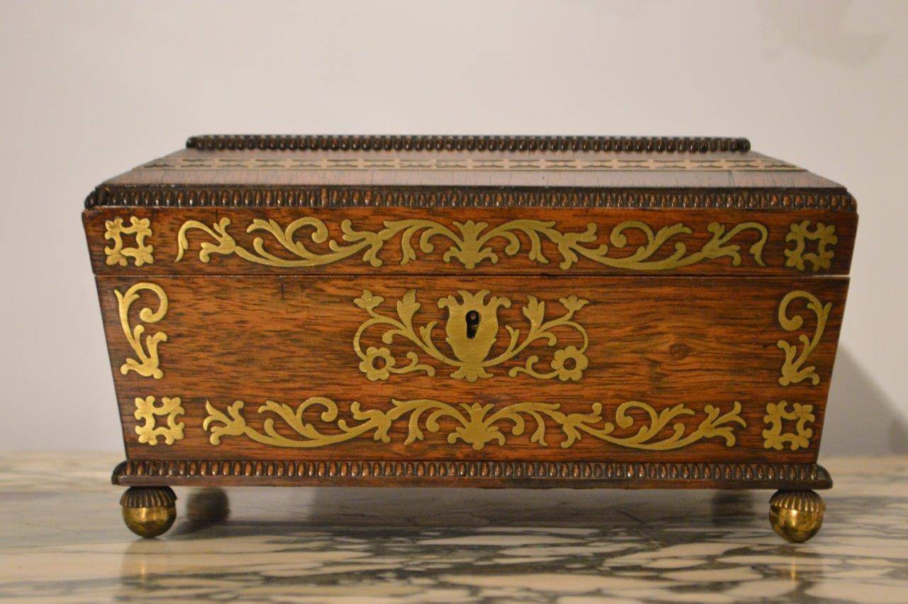 Regency Period Brass Inlaid Ladies Work Box Made by Joseph Gianetti 4