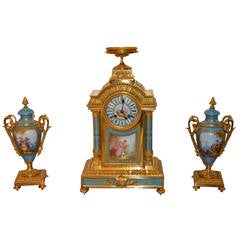 Antique French 19th Century Gilt Bronze Clock Garniture