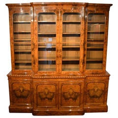 Stunning Quality Burr Walnut Victorian Period Breakfront Bookcase