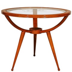 1940s Round Tripod Side or Coffee Table, Beechwood, Engraved Glass, Italy