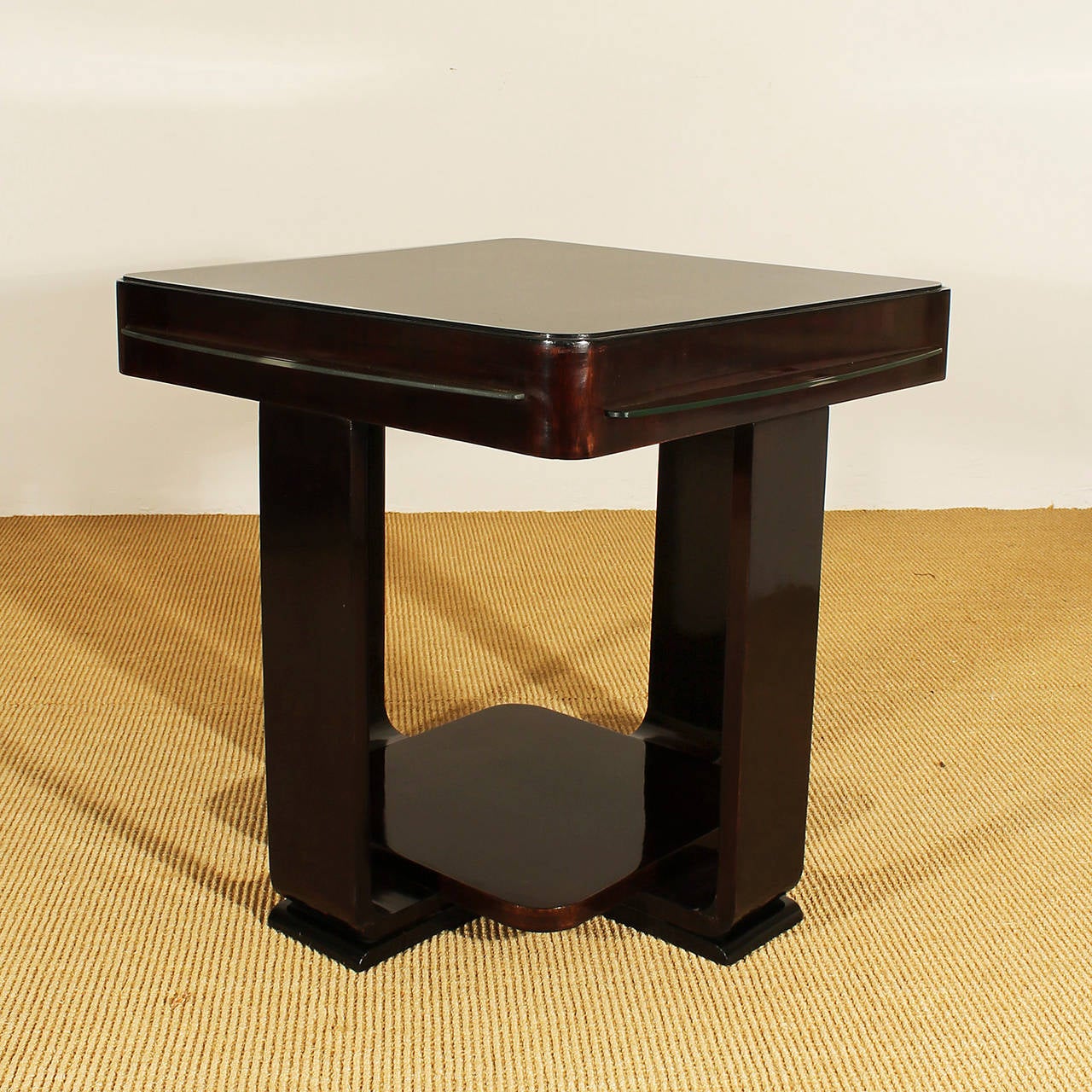 Belgian 1930-35 Art Deco sidetable, mahogany, glass - Belgium For Sale