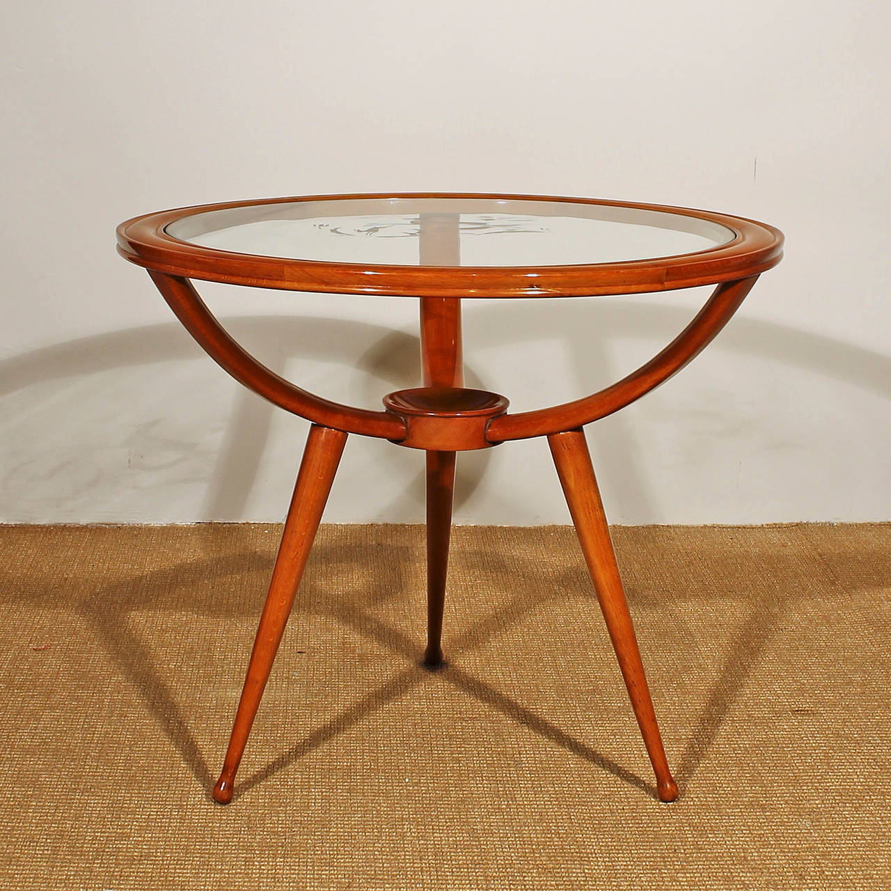 Round tripod side or coffee table, beechwood, French polish, 