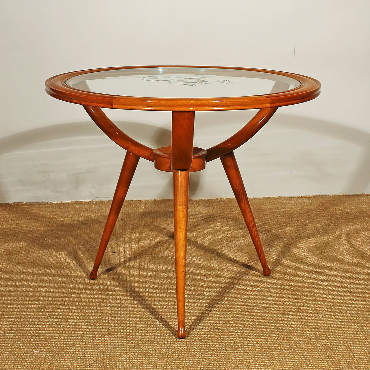 Mid-Century Modern 1940s Round Tripod Side or Coffee Table, Beechwood, Engraved Glass, Italy