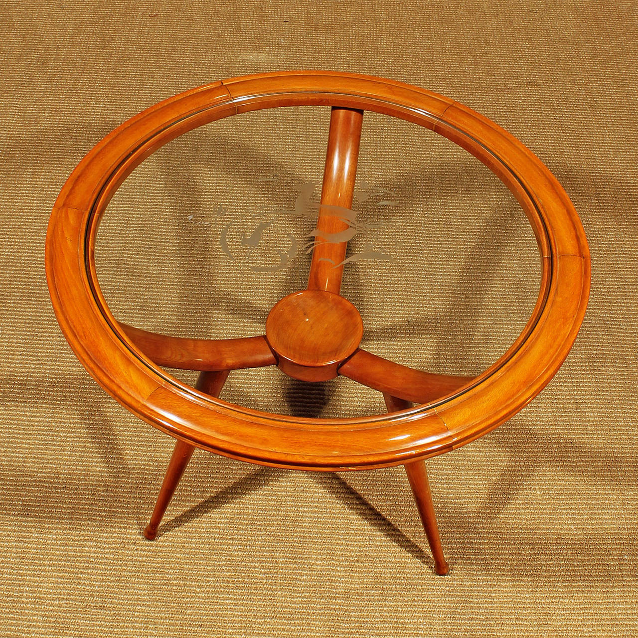 Italian 1940s Round Tripod Side or Coffee Table, Beechwood, Engraved Glass, Italy