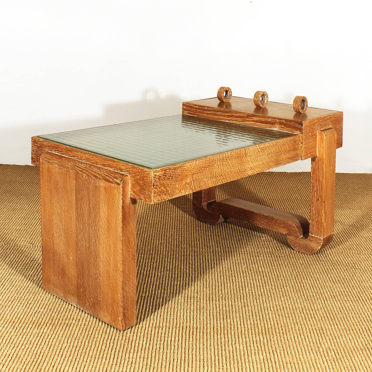 Rectangular coffee table, cerused light oak wood, reinforced glass and 3 