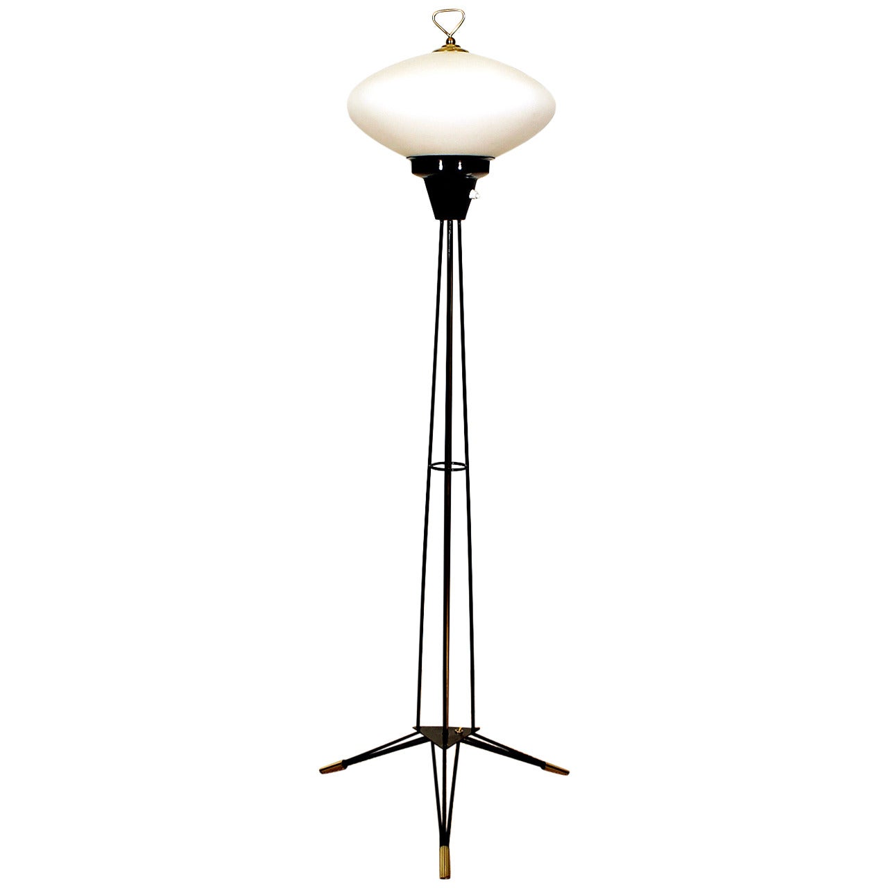 1960s Tripod Standing Lamp, Lacquered Metal, Brass and White Opaline, Italy