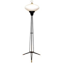 1960s Tripod Standing Lamp, Lacquered Metal, Brass and White Opaline, Italy