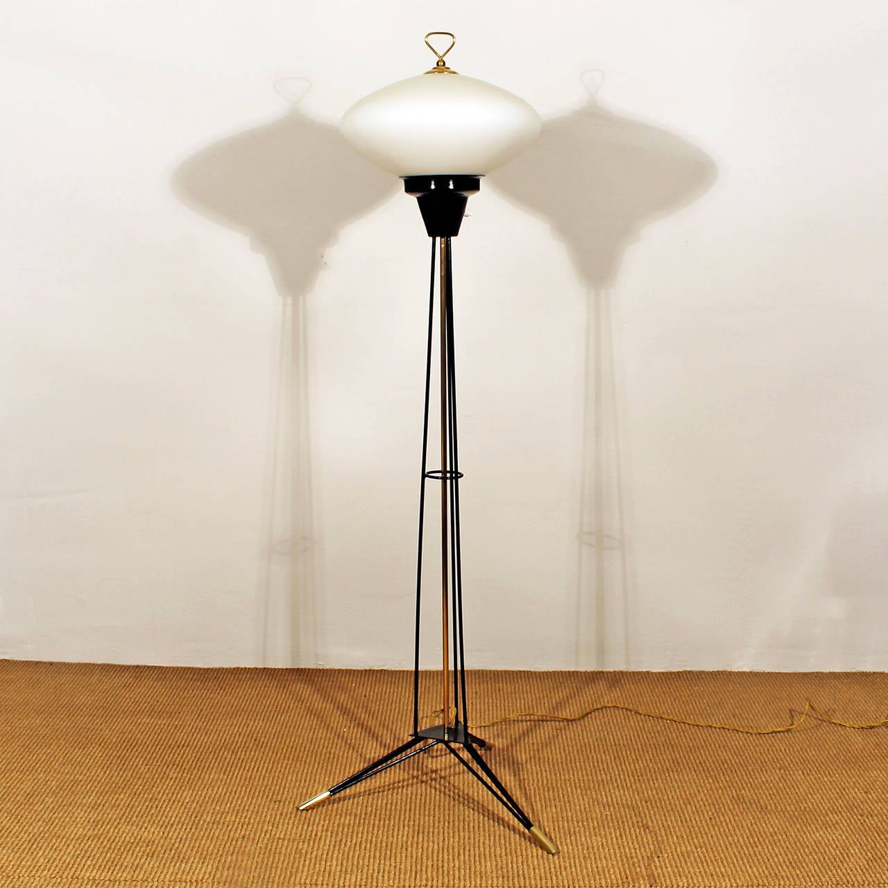 Mid-Century Modern 1960s Tripod Standing Lamp, Lacquered Metal, Brass and White Opaline, Italy