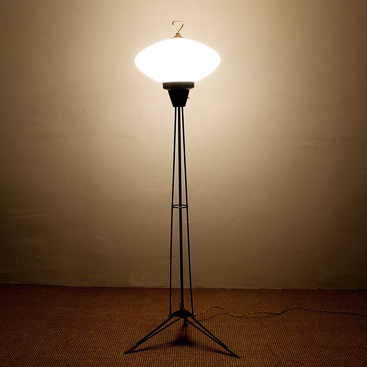 Italian 1960s Tripod Standing Lamp, Lacquered Metal, Brass and White Opaline, Italy
