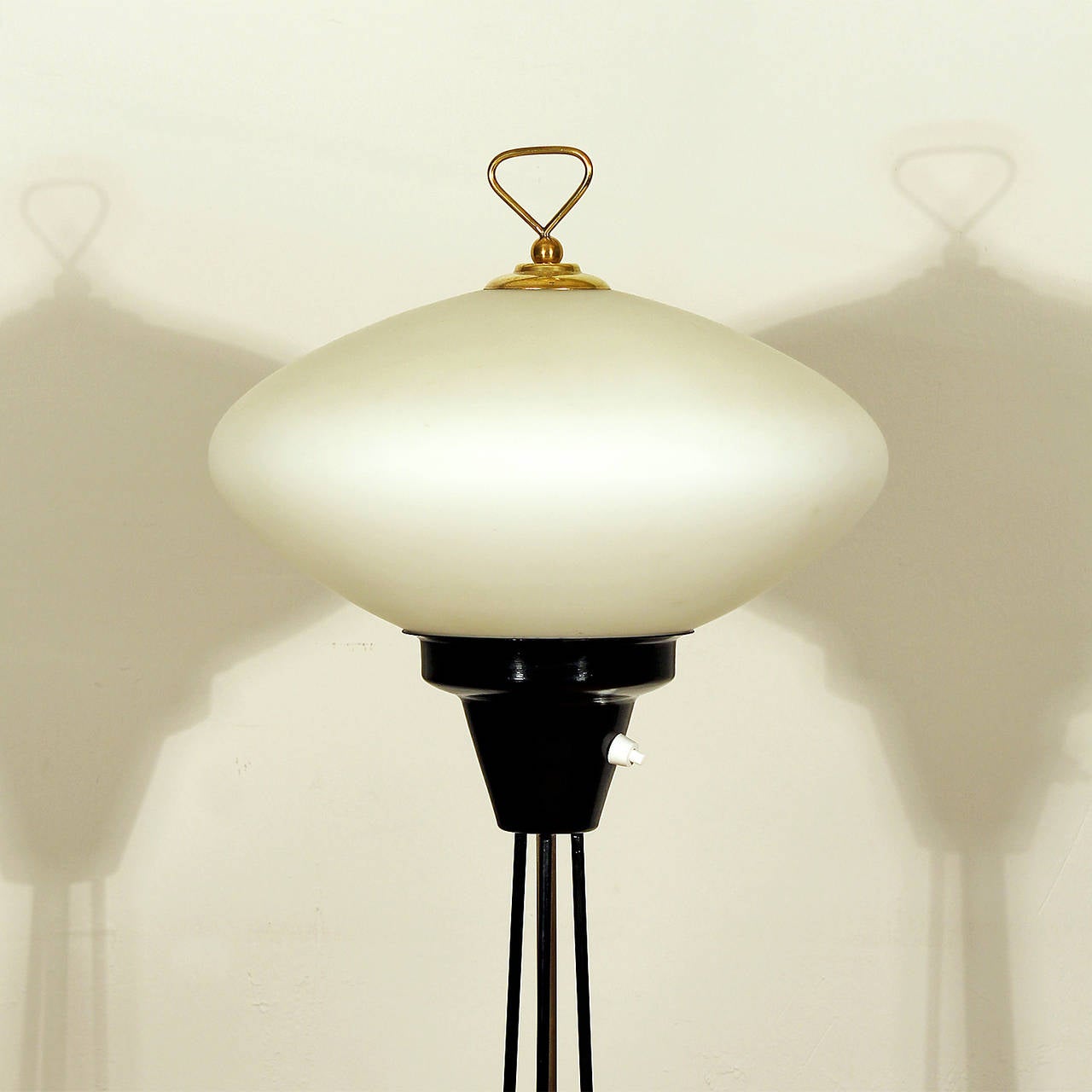 Mid-20th Century 1960s Tripod Standing Lamp, Lacquered Metal, Brass and White Opaline, Italy