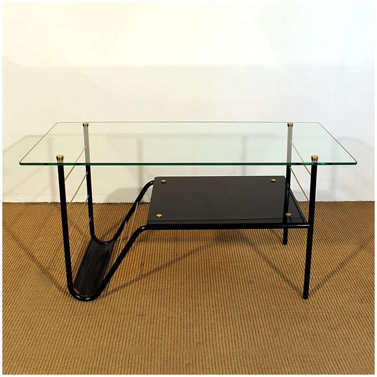 French Mid-Century Modern Coffee Table Metal, Glass, Opaline, Brass - France For Sale