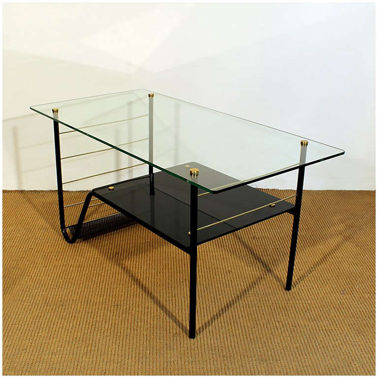 Mid-Century Modern Coffee Table Metal, Glass, Opaline, Brass - France In Good Condition For Sale In Girona, ES