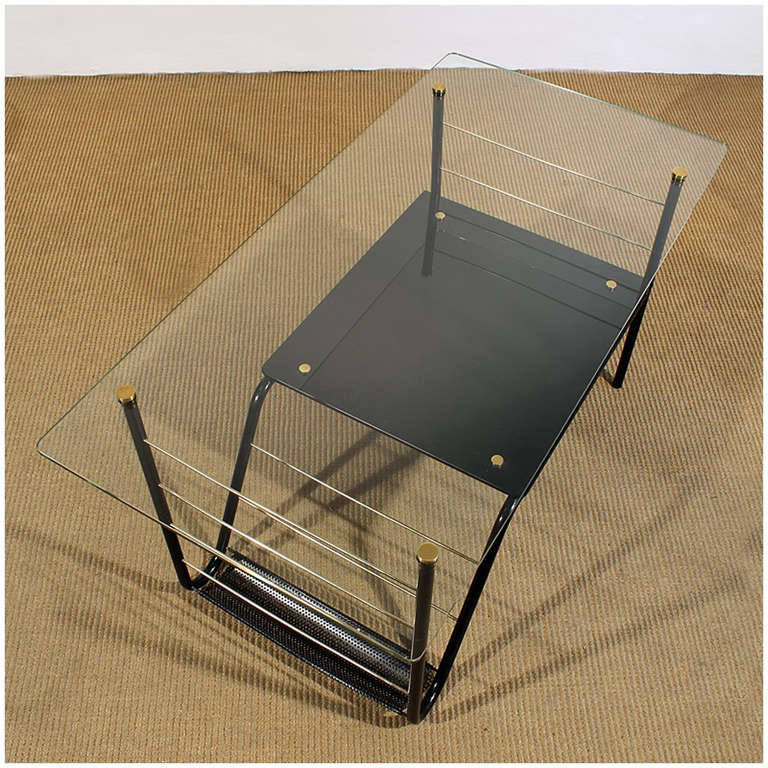 Mid-20th Century Mid-Century Modern Coffee Table Metal, Glass, Opaline, Brass - France For Sale