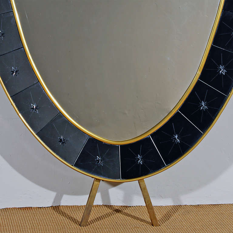 Mid-Century Modern 1950s Mirror-Console made by Cristalarte. Blue engraved mirror frame. Italy 