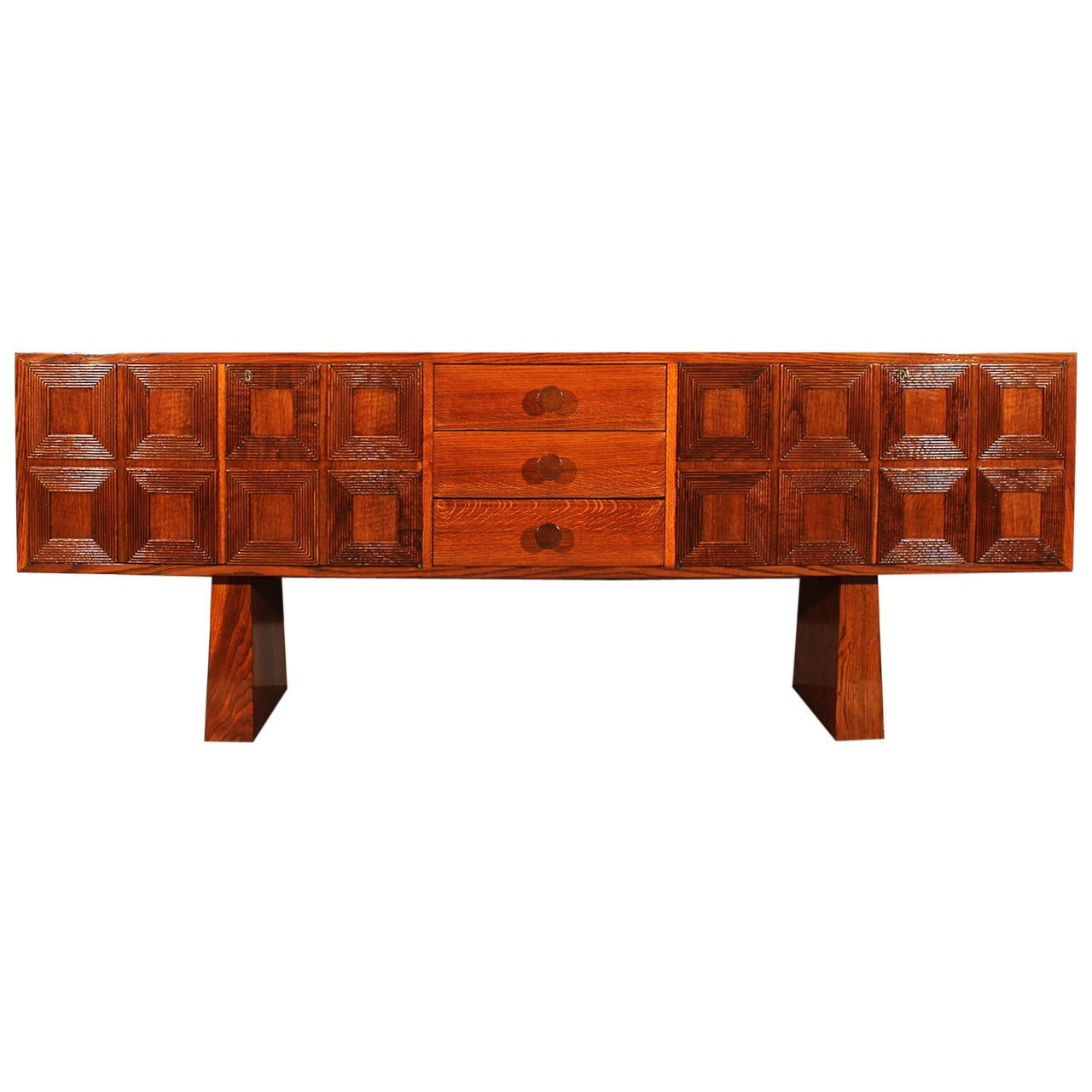 1940s Cubist Sideboard, Solid Oak and Veneer, Panels, Trapezoid Feet, Italy