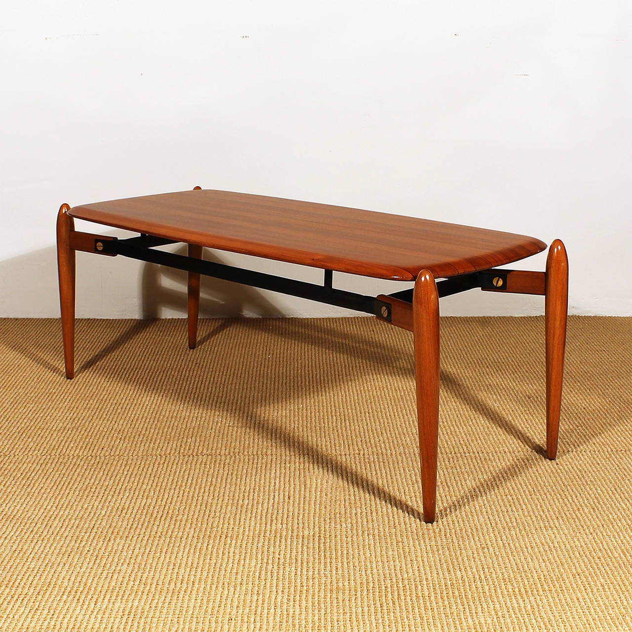 1950s Coffee Table, solid teak with ebony strips, iron, brass hardware