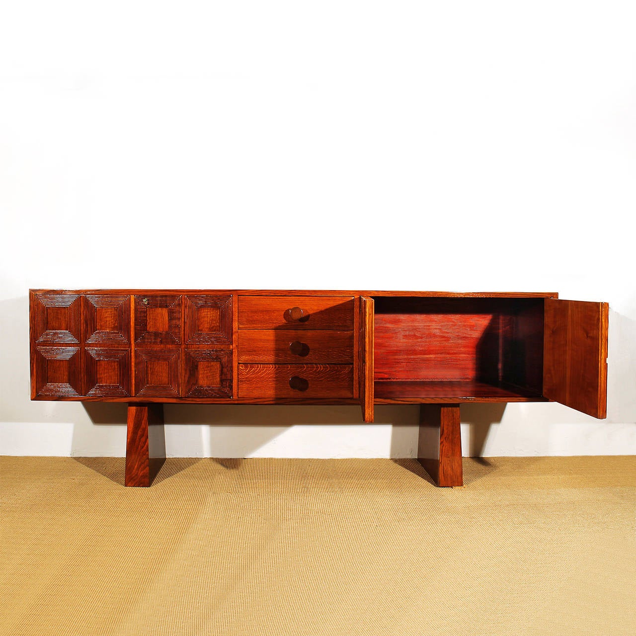 Mid-Century Modern 1940s Cubist Sideboard, Solid Oak and Veneer, Panels, Trapezoid Feet, Italy