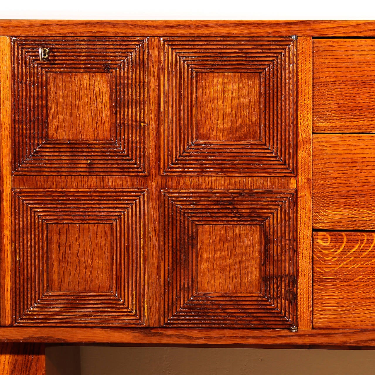 Italian 1940s Cubist Sideboard, Solid Oak and Veneer, Panels, Trapezoid Feet, Italy