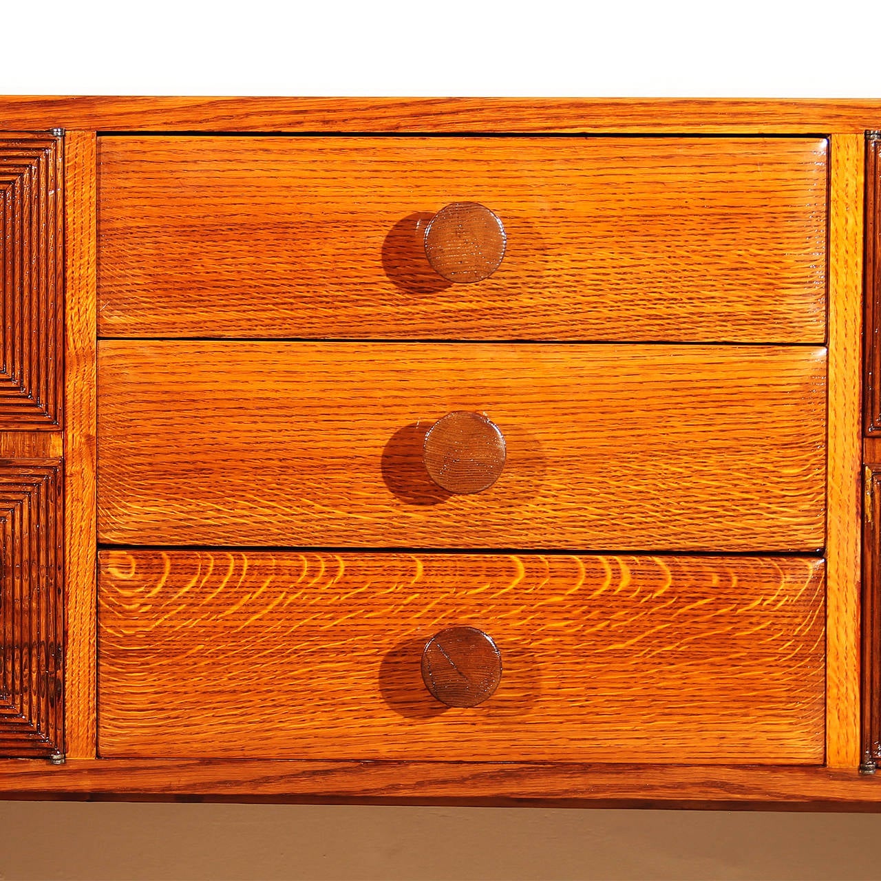 1940s Cubist Sideboard, Solid Oak and Veneer, Panels, Trapezoid Feet, Italy In Excellent Condition In Girona, ES