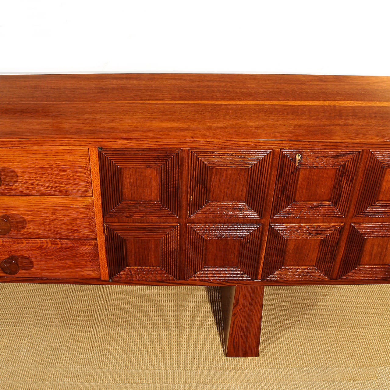 1940s Cubist Sideboard, Solid Oak and Veneer, Panels, Trapezoid Feet, Italy 3