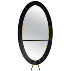 1950s Mirror-Console made by Cristalarte. Blue engraved mirror frame. Italy