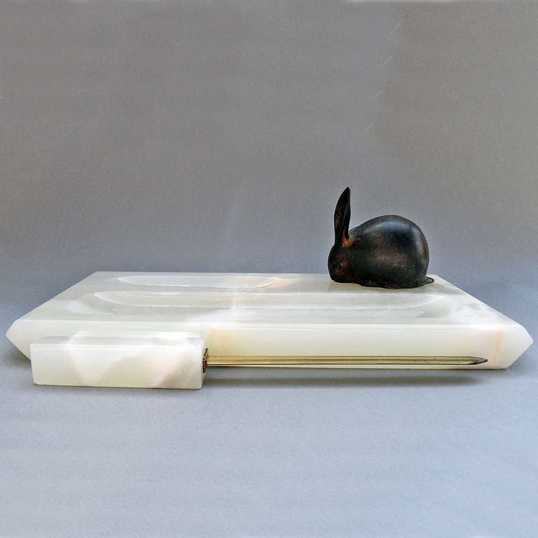 Alabaster pencil box and open letter, brown patina bronze rabbit. 
Design: Edouard Marcel Sandoz. Made by Susse Frères, Paris. Marked: Sandoz and Susse Frs Edts. Paris France, circa 1917.