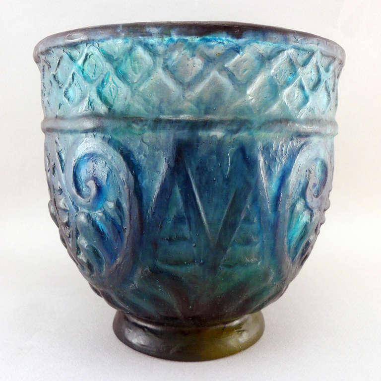 Exceptional huge vase,  green and blue pate-de-verre glass, vase on foot, geometric pattern and flowers. Signed G. Argy-rousseau. Paris, 1927<br />
<br />
Literature: J. Bloch-Dermant: 
