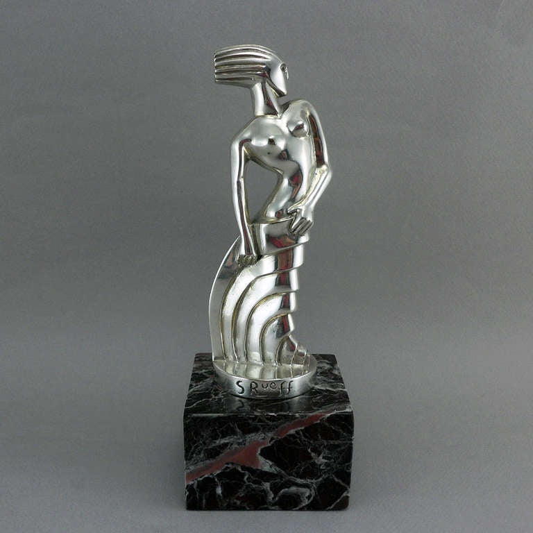 Rare  car mascot, stylised Art Deco woman, silver-plated bronze, marble base. Signed: S. Rueff (France 1896-1978). This model was created for the 