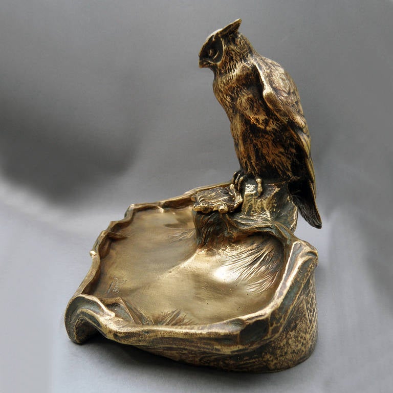 Art Deco Large Bronze Inkwell, golden patina, Duke owl, Paul Jouve - France