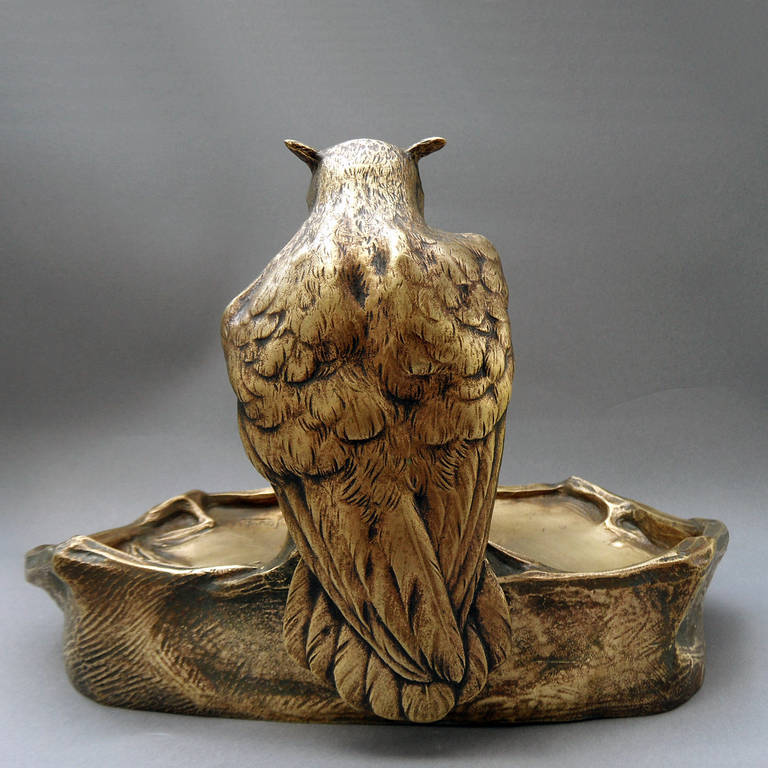French Large Bronze Inkwell, golden patina, Duke owl, Paul Jouve - France