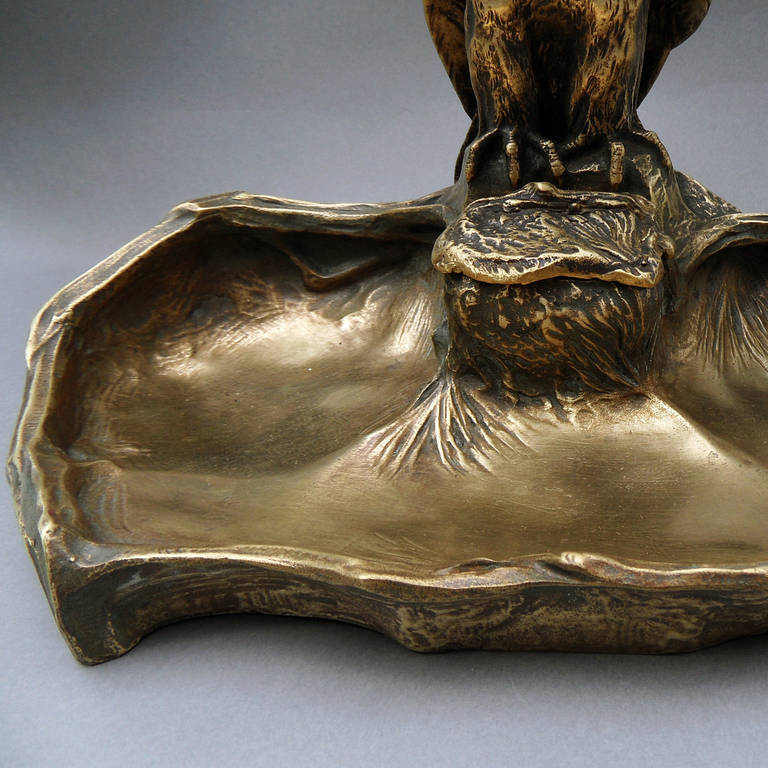 Large Bronze Inkwell, golden patina, Duke owl, Paul Jouve - France 1