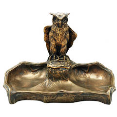 Large Bronze Inkwell, golden patina, Duke owl, Paul Jouve - France