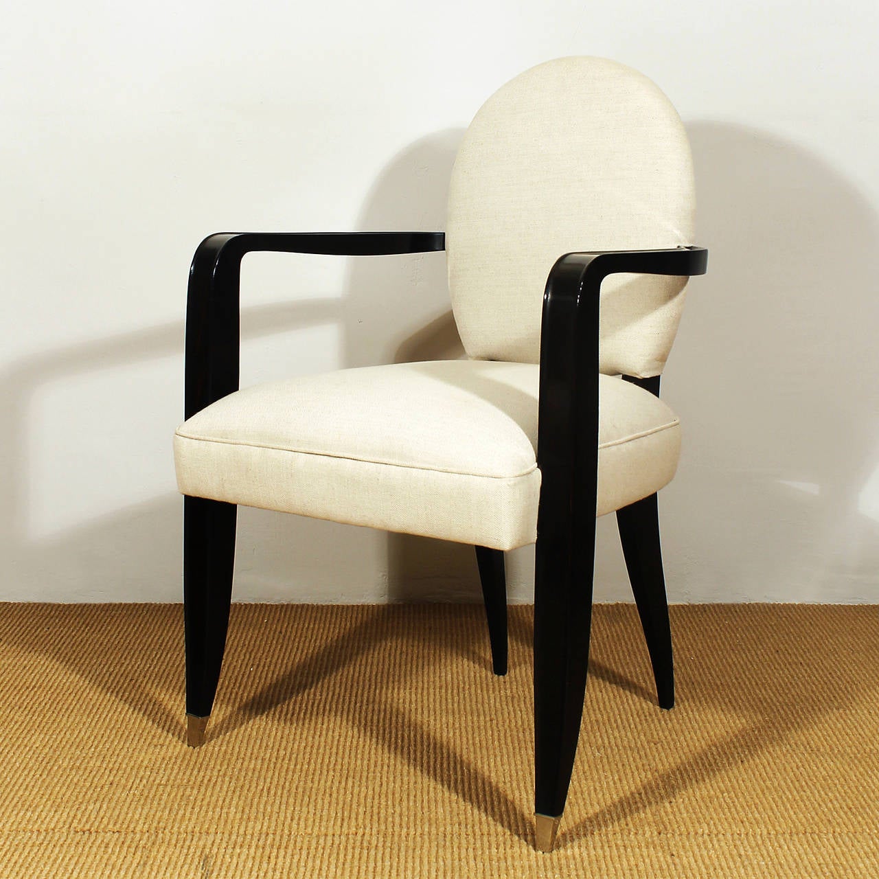 Mid-Century Modern 1940s Pair of Bridge Armchairs, stained beech, brass, cotton upholstery - France