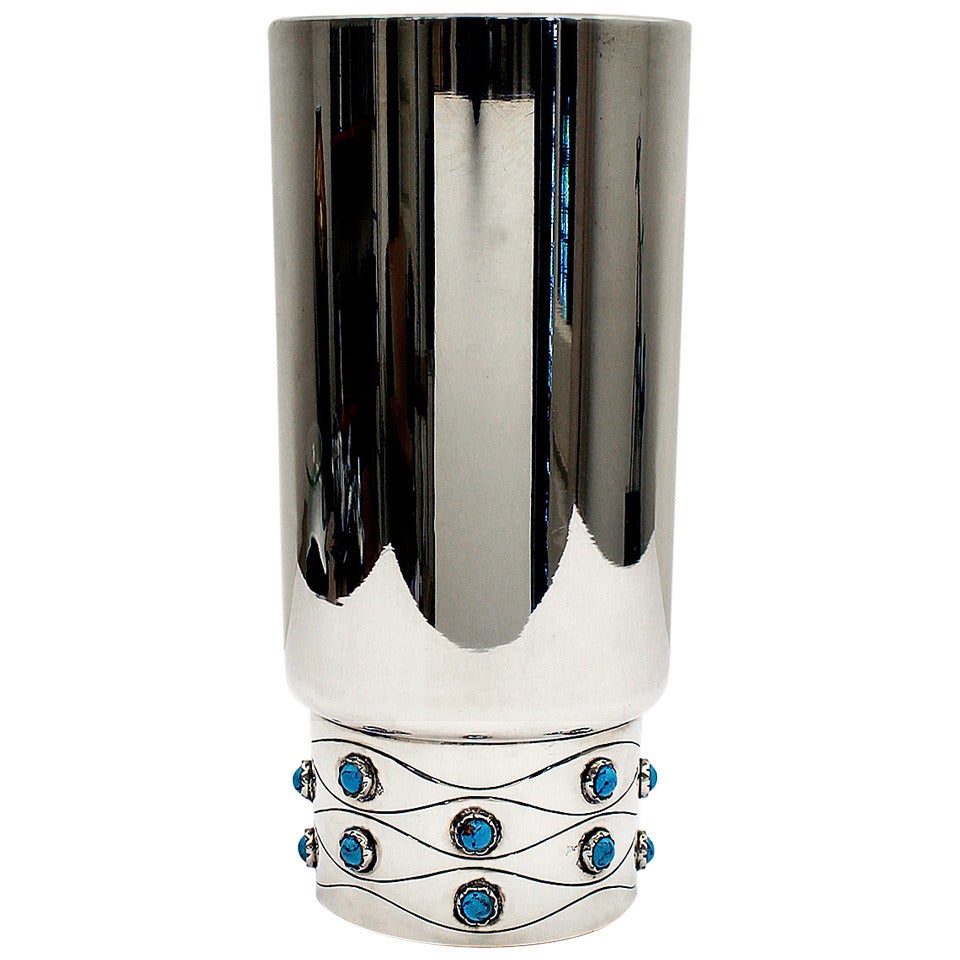 1950´s Sterling Silver Vase, turquoise enamels - Spain For Sale