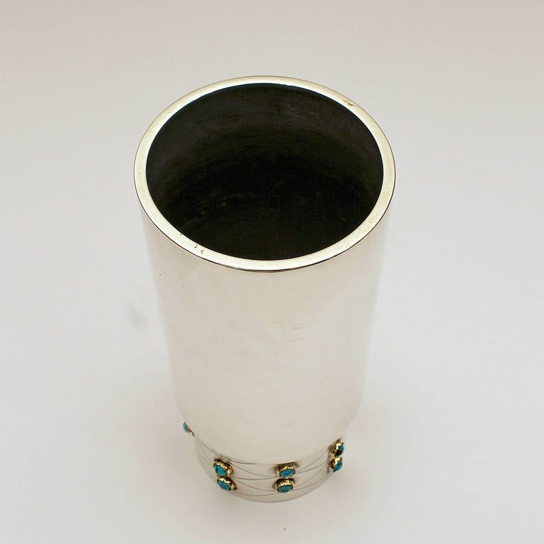 Mid-Century Modern 1950´s Sterling Silver Vase, turquoise enamels - Spain For Sale