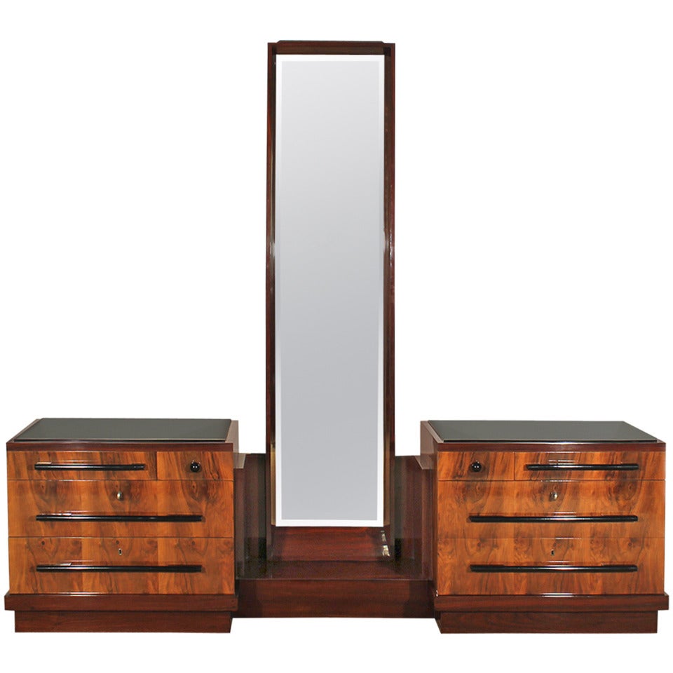 1930s Art Deco Double Chest of Drawers, Mirror, Walnut, Mahogany - Italy For Sale